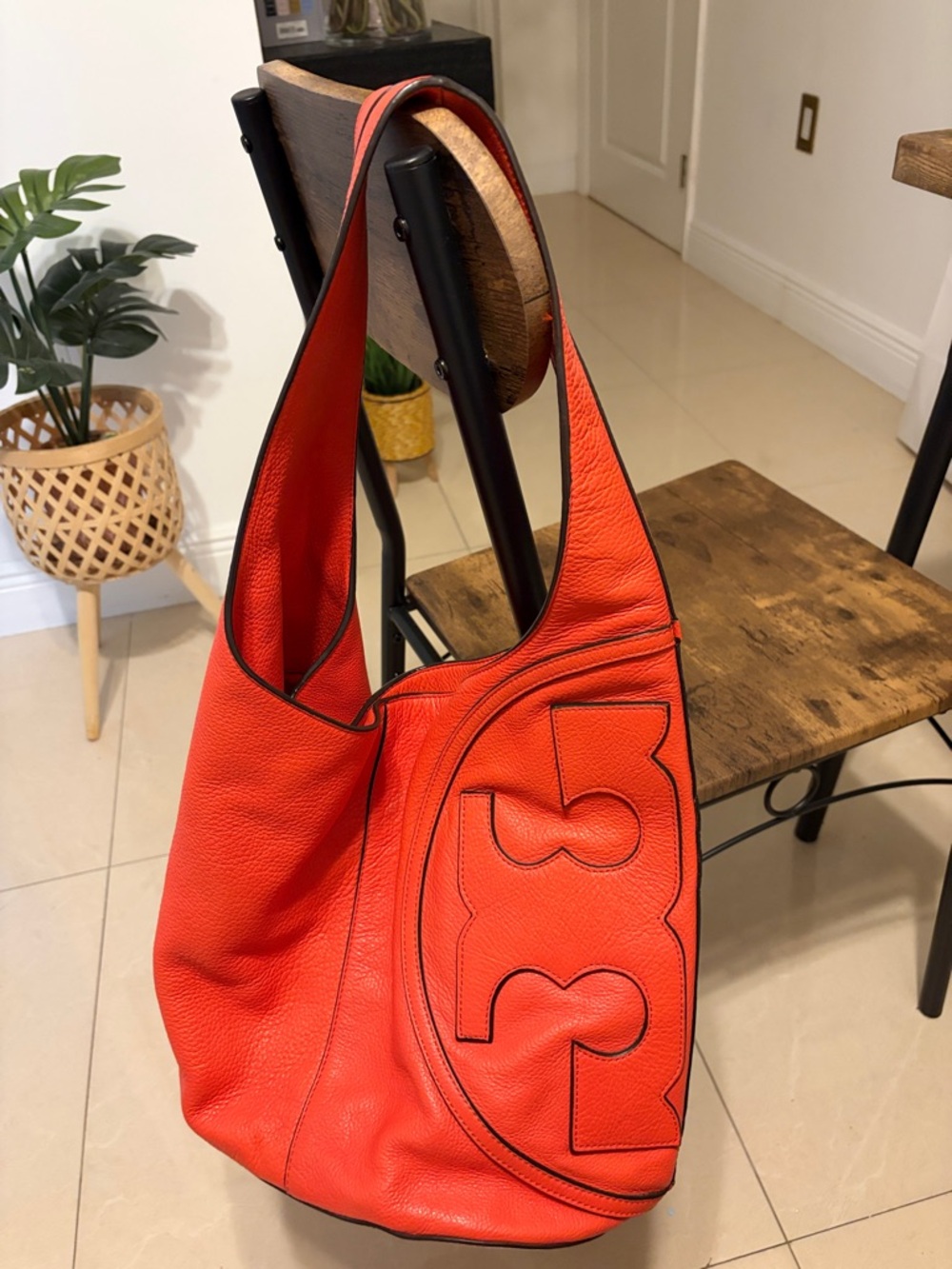 Tory Burch Bright Coral Pebbled Leather Shoulder Hobo